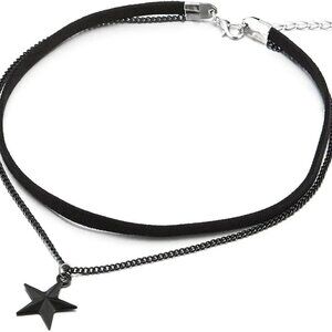 Two-Rows Choker Necklace with Black Chain and Pentagram Star Charm Pendant, Ladi